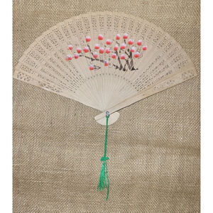Painted Ornate Wood Hand Fan Tassel Asian Chinese Japanese Style Cherry Blossom